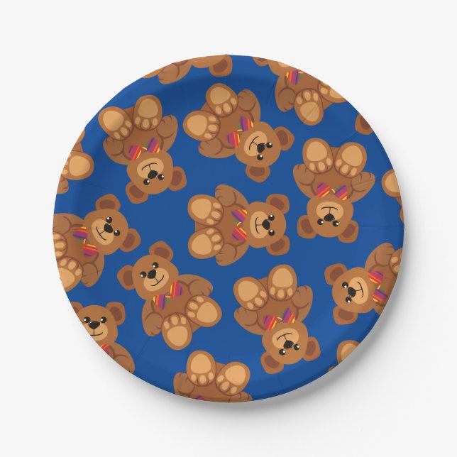 Assiettes En Carton Teddy Bear Rainbow Cute 1ère fête anniversaire (Devant)