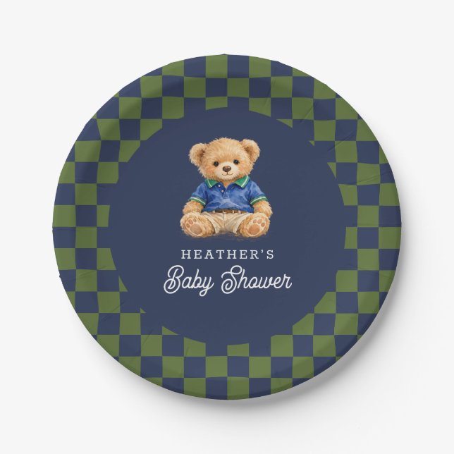 Assiettes En Carton Teddy Beary Checkboard Retro Baby Shower (Devant)