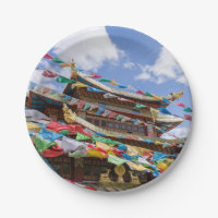 Temple tibétain avec drapeaux de prière - Yunnan, 