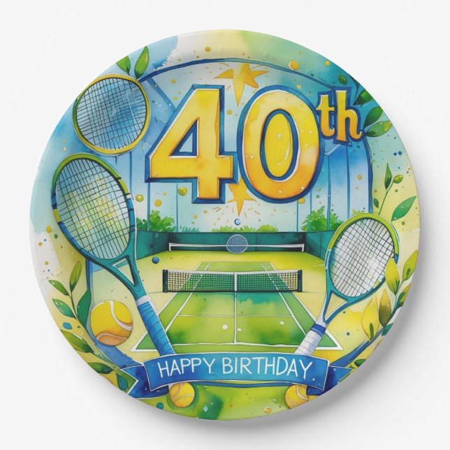Assiettes En Carton Tennis 40e Anniversaire balle de tennis et nombre (Devant)