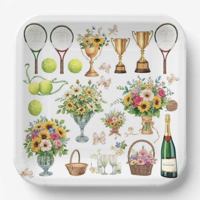 Assiettes En Carton Tennis Anniversaire avec Fleurs et boule aquarelle (Recto)