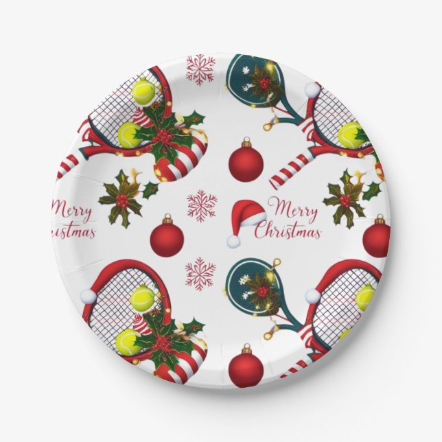 Assiettes En Carton Tennis Noël Festive Racquets et Ball (Devant)