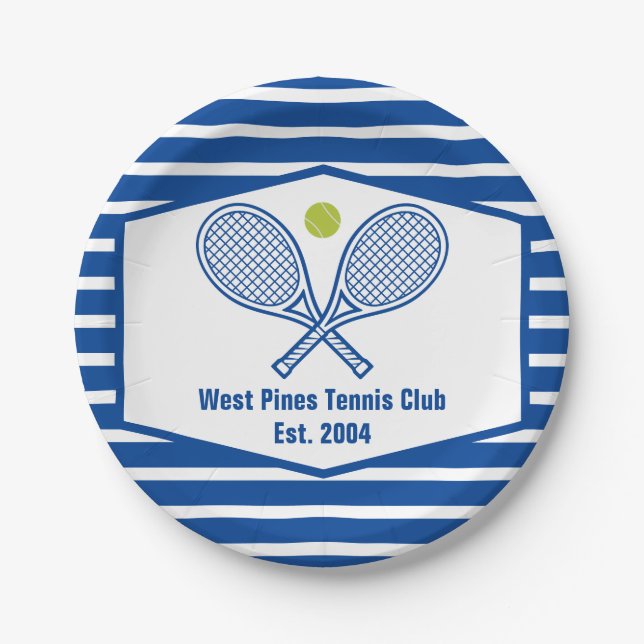 Assiettes En Carton Tennis sur mesure Country Club Bleu rayé (Devant)