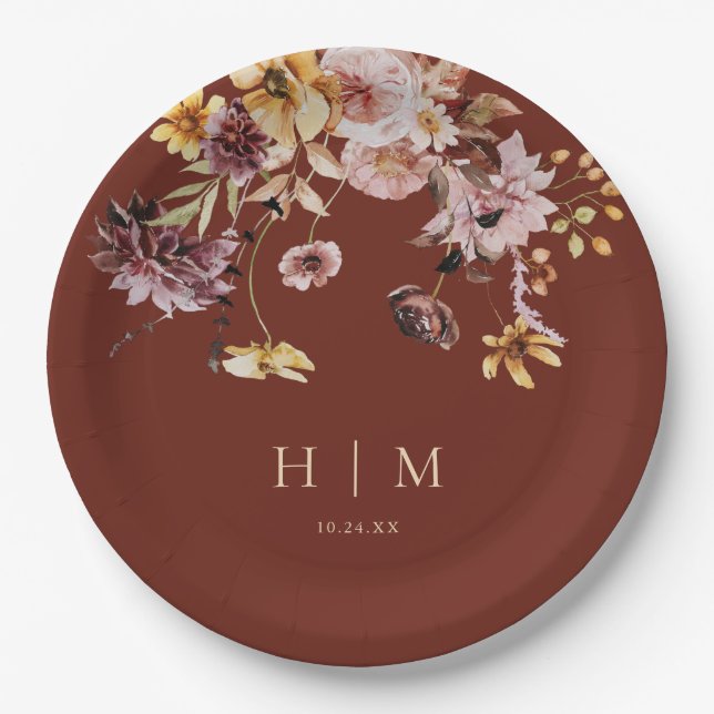 Assiettes En Carton Terracotta Automne Floral Monogramme Mariage (Devant)