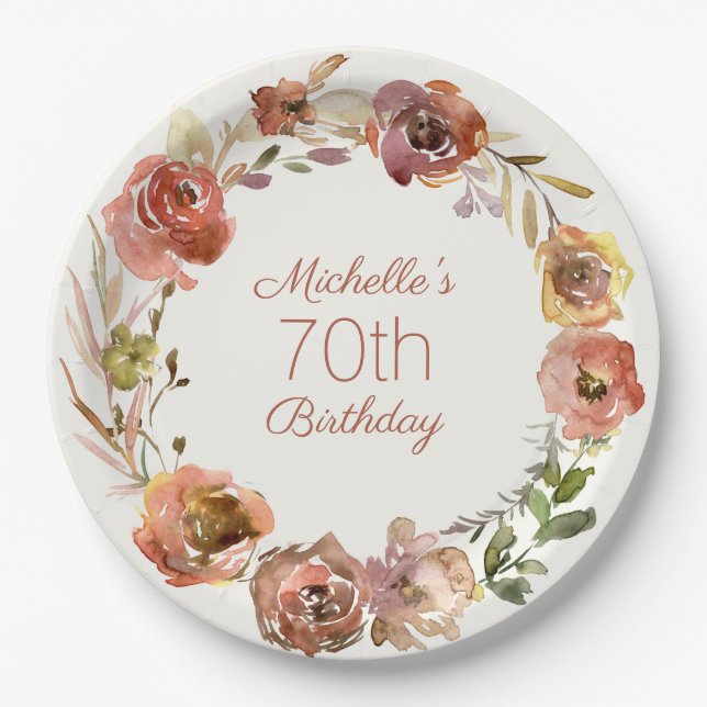Assiettes En Carton Terracotta Rust Floral Wreath 70e anniversaire (Devant)