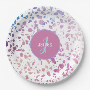Assiettes En Carton Terrazzo Abstrait customisé rose et Motif bleu