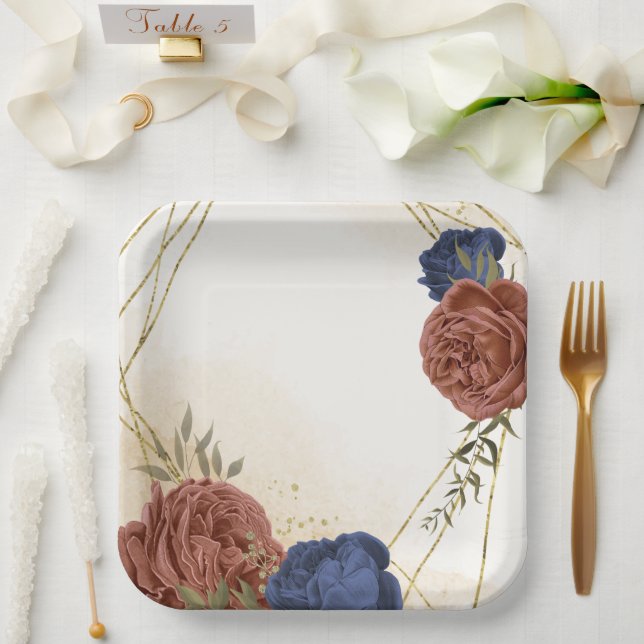 Assiettes En Carton terre cuite bleu marine floral vert (Mariage)