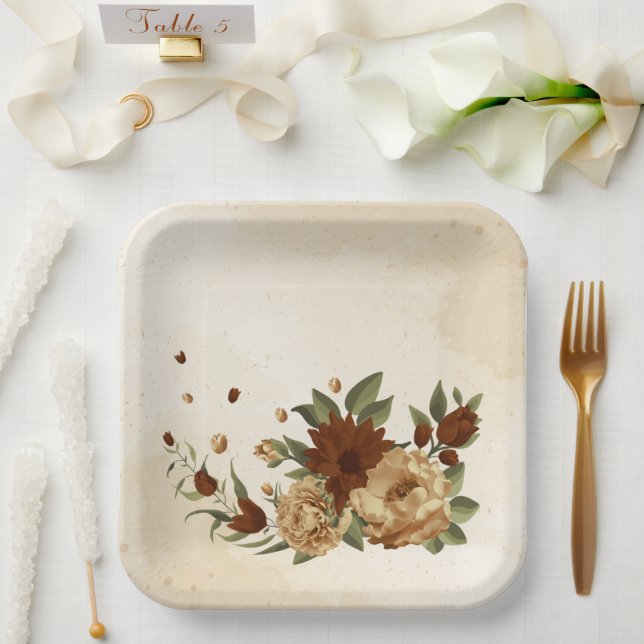 Assiettes En Carton terre cuite rustique verdure fleurie (Mariage)