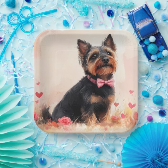 Assiettes En Carton Terrier Australien avec des Roses - Saint-Valentin (Fête)