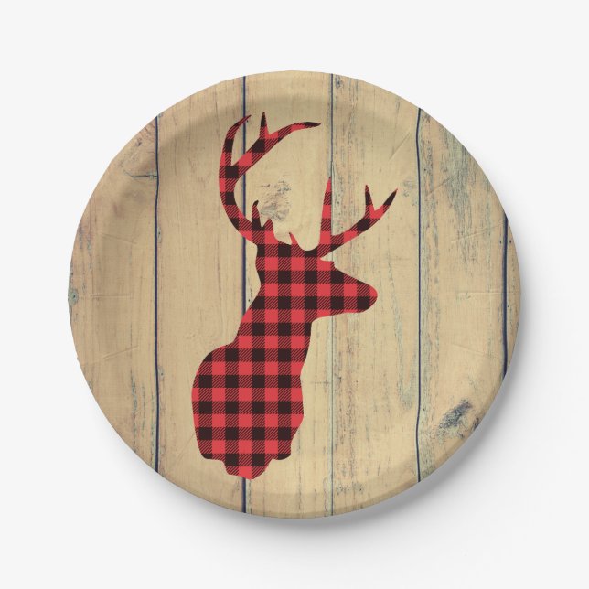 Assiettes En Carton Tête de cerf avec Antlers - Red Plaid Rustic (Devant)