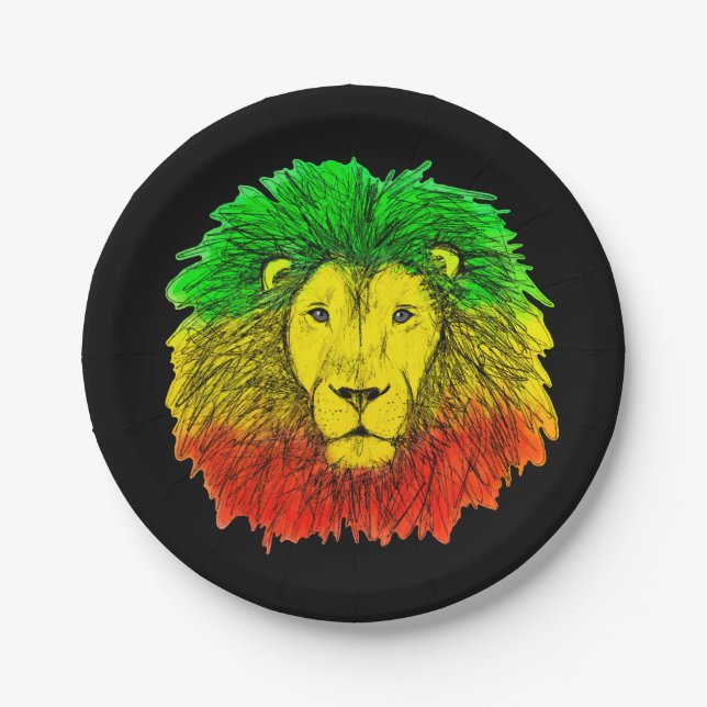 Assiettes En Carton Tête de lion Rasta rouge jaune vert dessin Jamaïqu (Devant)