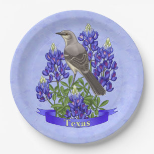 Assiettes En Carton Texas State Mockingbird & Bluebonnet Flower