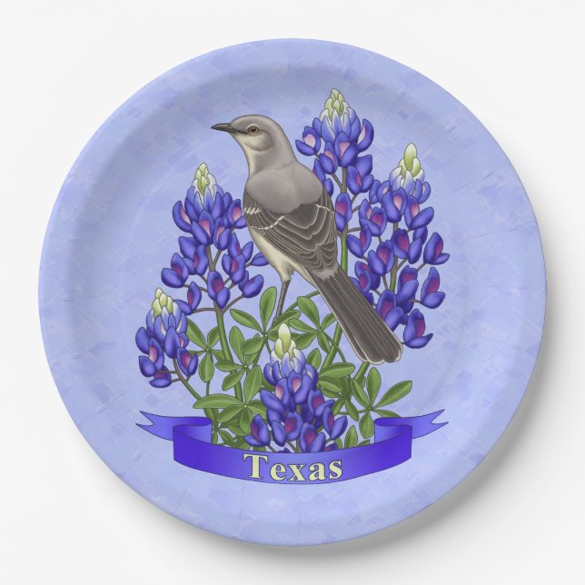 Assiettes En Carton Texas State Mockingbird & Bluebonnet Flower (Devant)