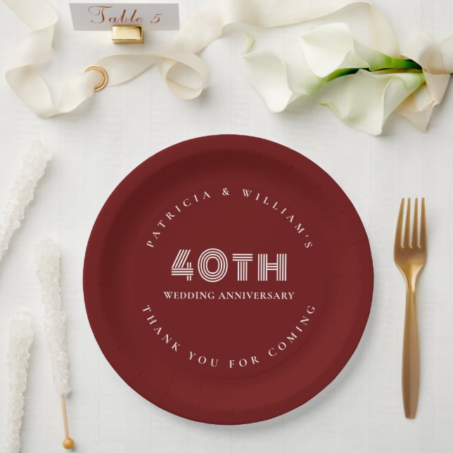 Assiettes En Carton Texte élégant Bourgogne 40e anniversaire de Mariag (Mariage)