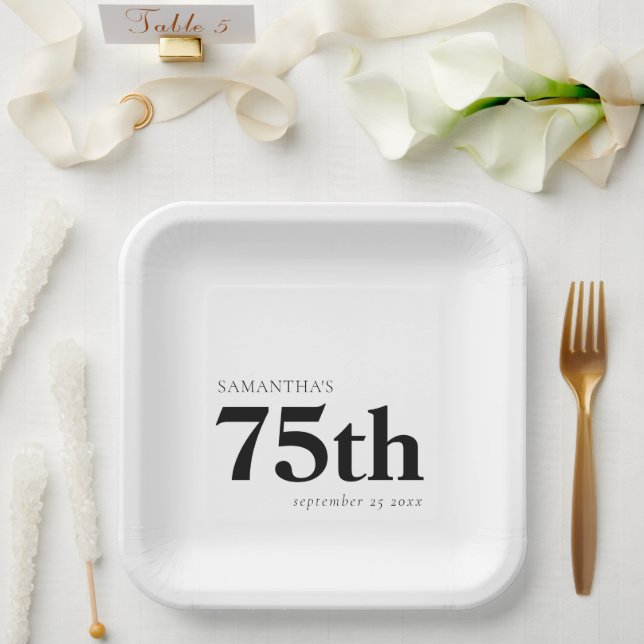 Assiettes En Carton Texte noir personnalisé moderne 75e Nom Date (Mariage)