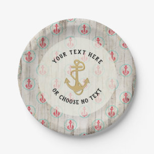 Assiettes En Carton Texte Personnalisé/ Ancre nautique rustique Plage