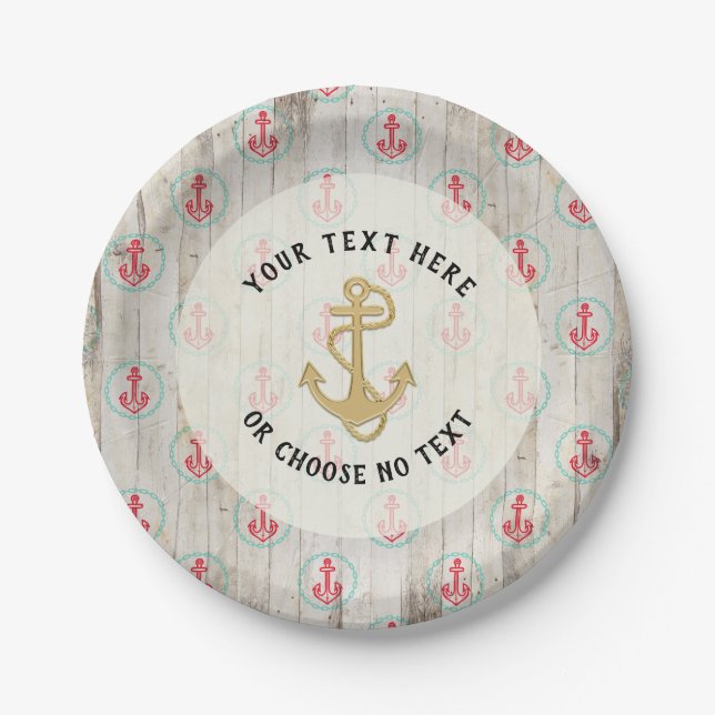 Assiettes En Carton Texte Personnalisé/ Ancre nautique rustique Plage  (Devant)