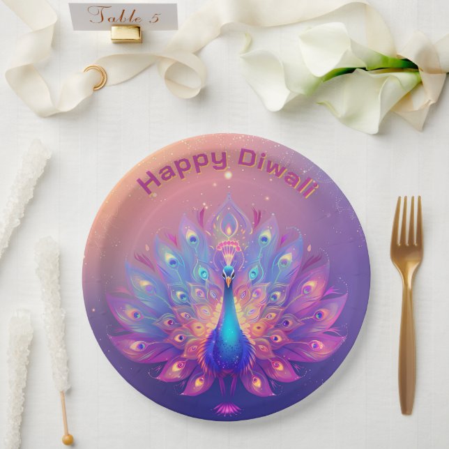 Assiettes En Carton Texte personnalisé, Plaque Diwali du Peacock Party (Mariage)