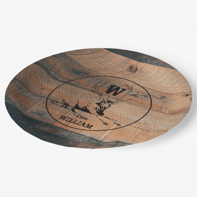 Assiettes En Carton Texture en bois rustique et monogramme de cerfs su (Angle)