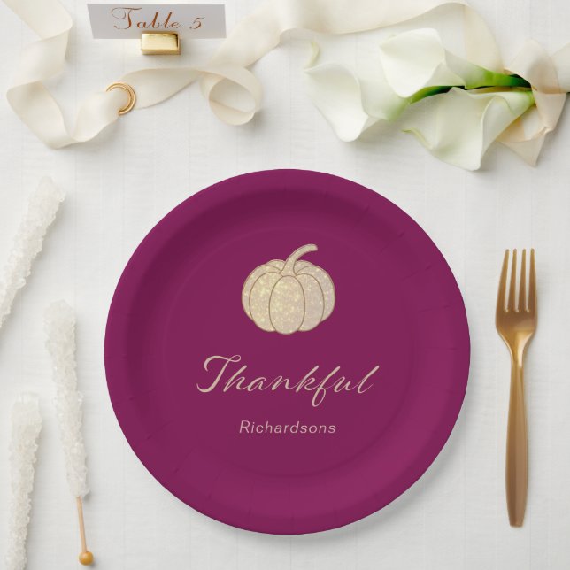Assiettes En Carton Thankful Glitter Pumpkin burgundy Thanksgiving (Mariage)