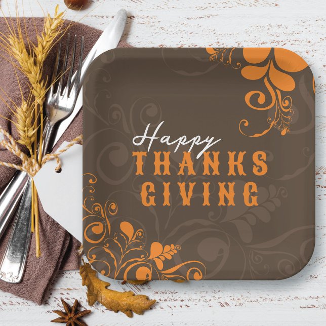 Assiettes En Carton Thanksgiving Automne Automne Déco Orange Feuille F (Thanksgiving Autumn Fall Deco Orange Leaves Swirls Paper Plates @ fat_fa_tin)