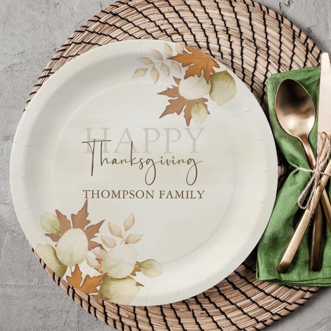 Assiettes En Carton Thanksgiving Automne Automne Végétation Élégante F (Autumn fall foliage and greenery Happy Thanksgiving custom paper plate. )