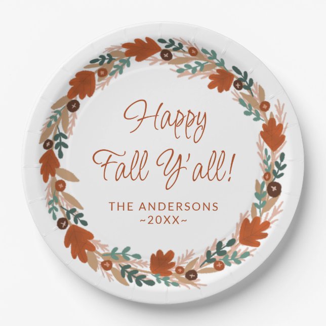 Assiettes En Carton Thanksgiving Autumn Wreath Happy Fall Y’all (Devant)