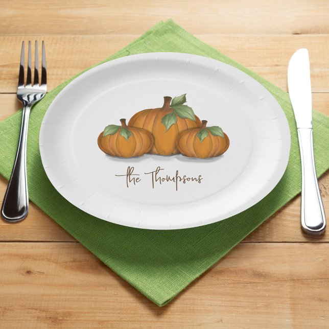 Assiettes En Carton Thanksgiving Citrouille Rustic Personnalisé (Simple Fall Autumn harvest pumpkins custom paper plates. )