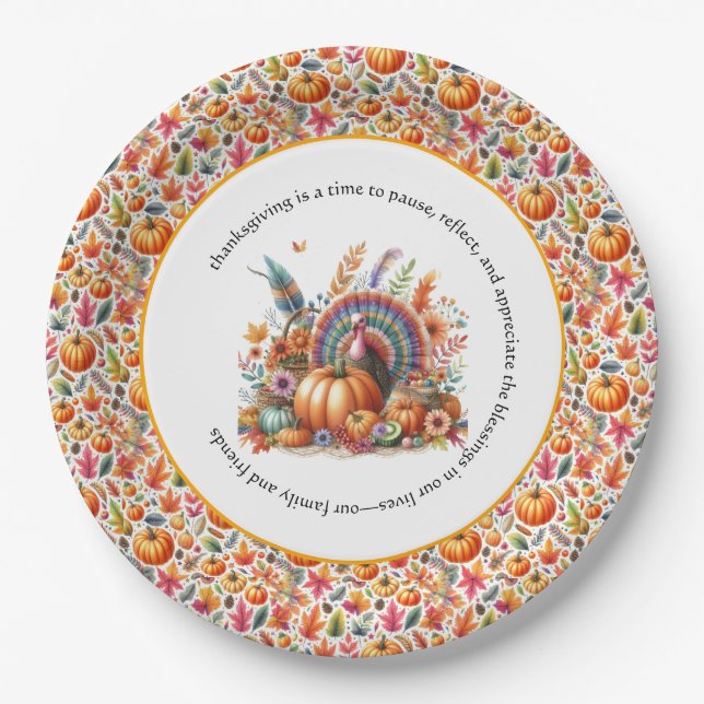 Assiettes En Carton Thanksgiving "Donner Merci" Boho Turkey (Devant)