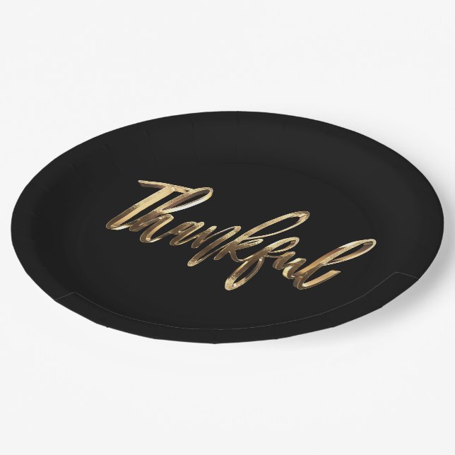 Assiettes En Carton Thanksgiving Gold Script Faux élégant (Angle)