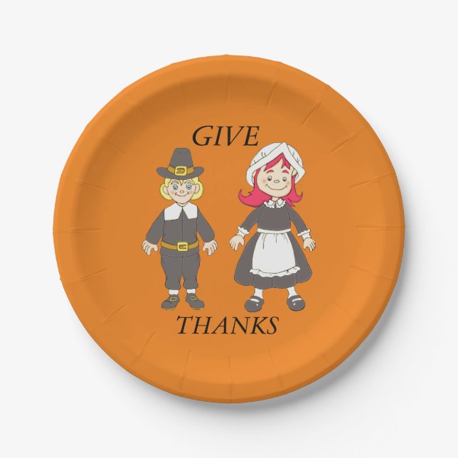 Assiettes En Carton Thanksgiving Pilgrim Garçon Et Fille (Devant)