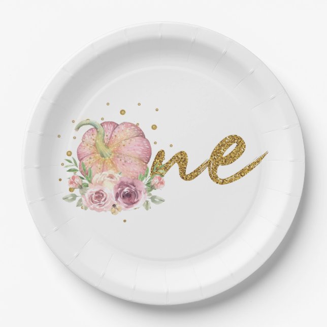 Assiettes En Carton Thanksgiving premier anniversaire Citrouille rose  (Devant)