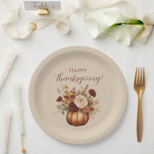 Assiettes En Carton Thanksgiving-Watercolor Citrouille et fleurs-