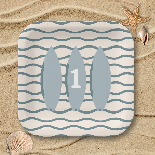 Assiettes En Carton "The big ONE" surf océan premier anniversaire fête ("the big one" Green surfboard first birthday party plate surfing theme ocean beach theme 1st bday)