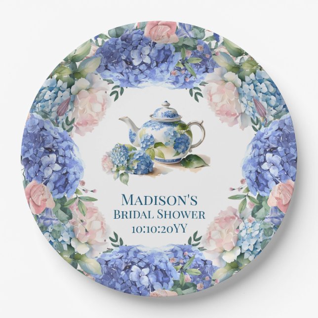 Assiettes En Carton Thé de mariage aux hortensias bleus (Devant)