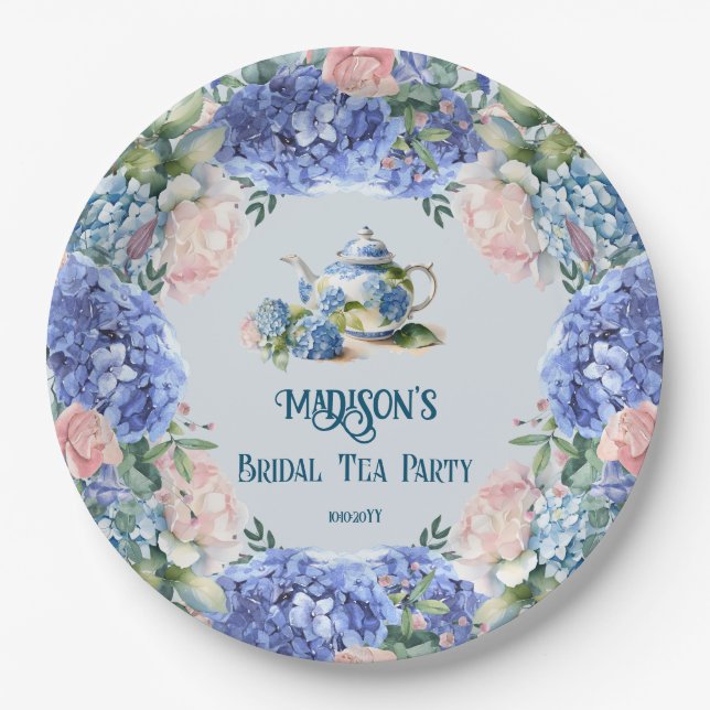 Assiettes En Carton Thé de mariage aux hortensias bleus (Devant)