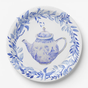 Assiettes En Carton Théière Bleue et Blanche avec Couronne 