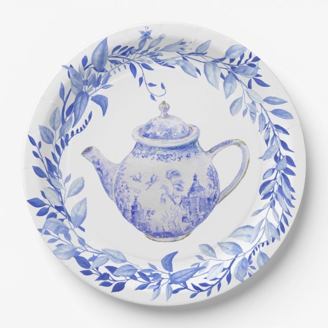 Assiettes En Carton Théière Bleue et Blanche avec Couronne de Feuilles (Devant)
