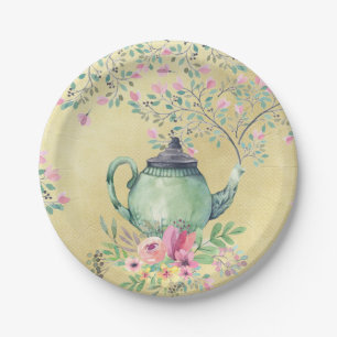 Assiettes En Carton Théière d'aquarelle et or élégants de fleurs