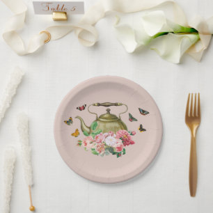 Assiettes En Carton Théière Fête Rose Floral & Papillons Bouilloire