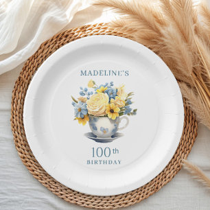 Assiettes En Carton Théière Fleurs Jaunes Bleues 100e Anniversaire