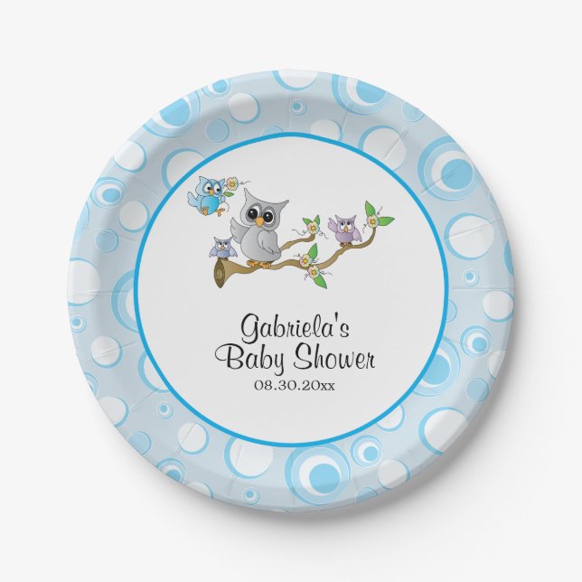 Assiettes En Carton Thème Baby shower Blue Baby Owl (Devant)