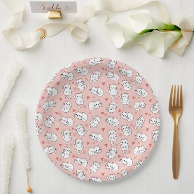 Assiettes En Carton Thème Chat Blanc Mignon Fond Rose (Mariage)