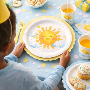 Assiettes En Carton Thème de Baby Shower Bébé Soleil Sourire Nuages Bl