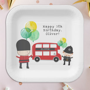 Assiettes En Carton Thème de fête d'anniversaire mignon bus rouge de L