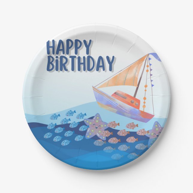 Assiettes En Carton thème de la mer d'anniversaire heureux (Devant)