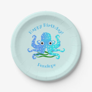 Assiettes En Carton Thème nautique octopus bleu le plus coupé