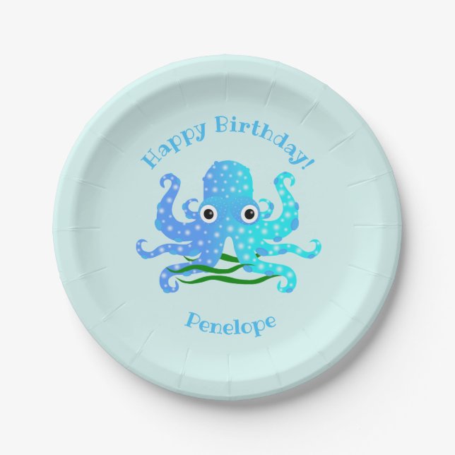 Assiettes En Carton Thème nautique octopus bleu le plus coupé (Devant)