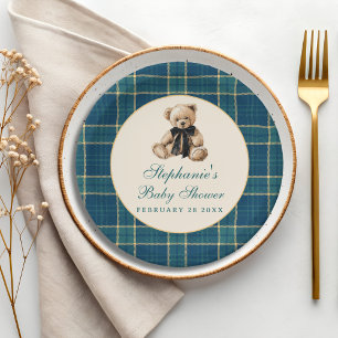 Assiettes En Carton Thème ours en peluche vintage à carreaux tartan ve