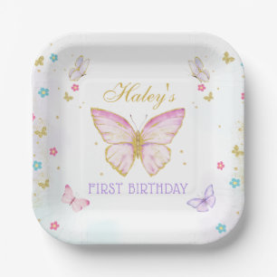 Assiettes En Carton Thème papillon rose Plaque papier d'anniversaire